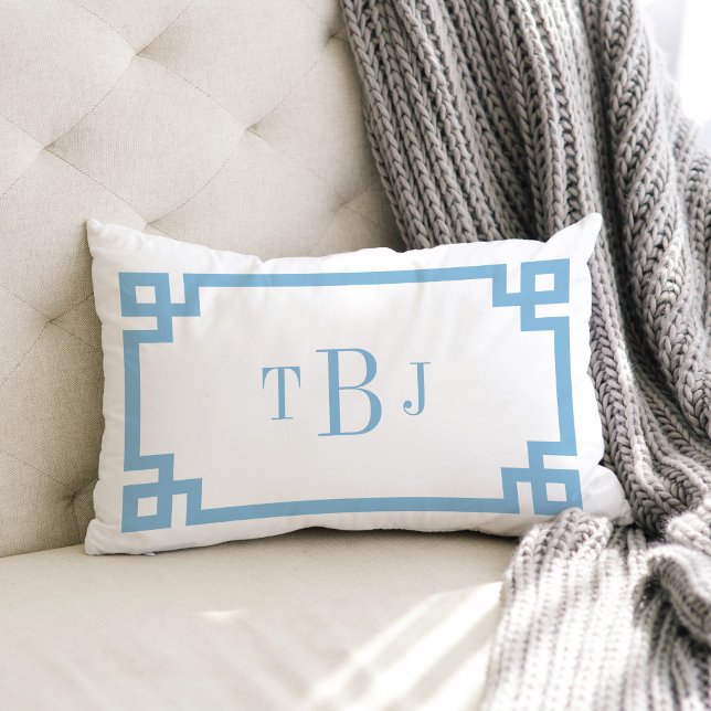 Sky Blue Greek Key Monogram Lumbar Pillow (Creator Uploaded)