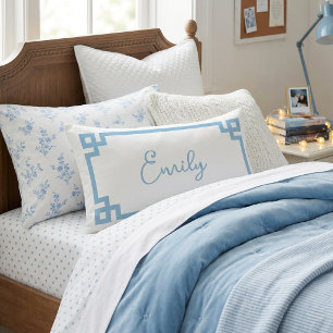 Sky Blue Greek Key Monogrammed Lumbar Pillow