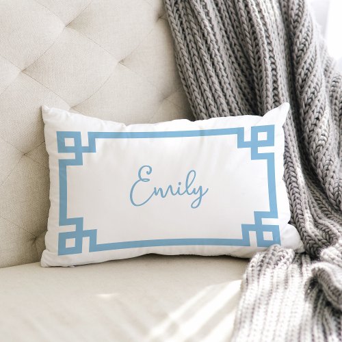 Sky Blue Greek Key Monogrammed Lumbar Pillow