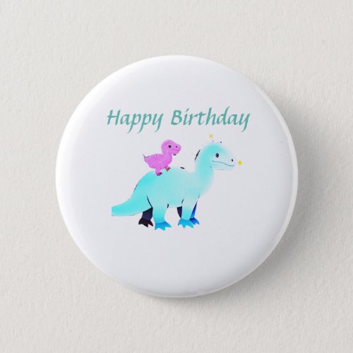Sky blue green red watercolor dinosaur birthday ad button
