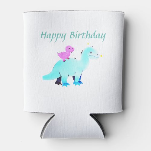 Sky blue green red watercolor dinosaur birthday ad can cooler