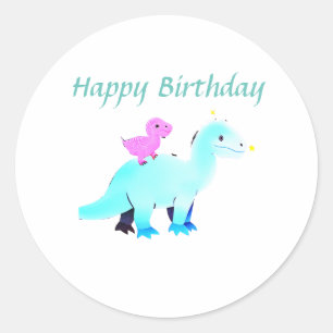 Sky blue green red watercolor dinosaur birthday ad classic round sticker