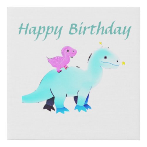 Sky blue green red watercolor dinosaur birthday ad faux canvas print