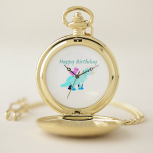 Sky blue green red watercolor dinosaur birthday ad pocket watch