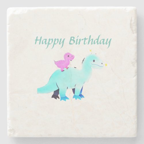 Sky blue green red watercolor dinosaur birthday ad stone coaster