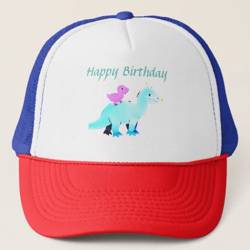 Sky blue green red watercolor dinosaur birthday ad trucker hat