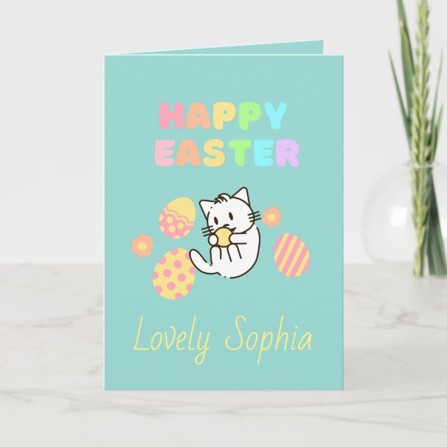 Sky-blue Happy Easter Cat Holiday Card (Front)