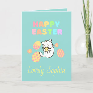Sky-blue Happy Easter Cat Holiday Card