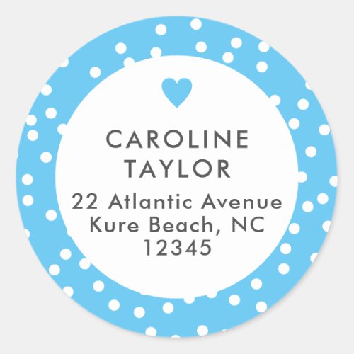 Sky Blue Heart  Polka Dots Preppy Cute Address Classic Round Sticker