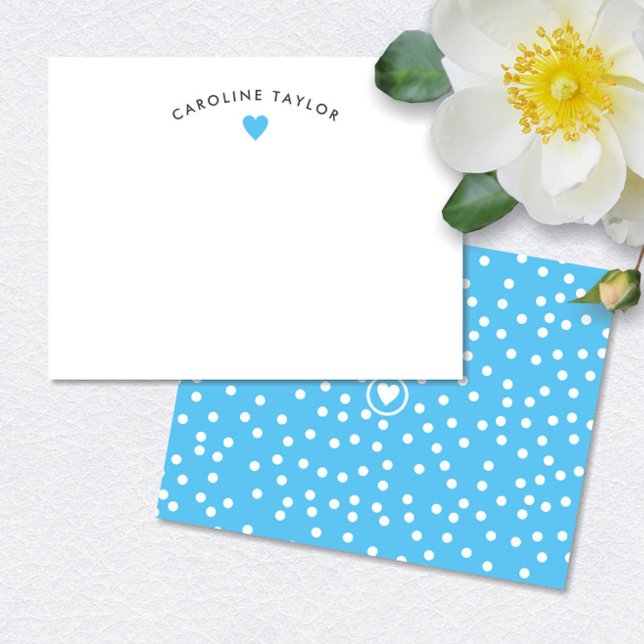 Sky Blue Heart & Polka Dots Preppy Cute Note Card (Creator Uploaded)