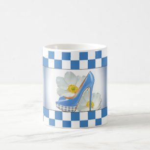 Sky Blue High Heel Checker Pattern & Flowers Coffee Mug