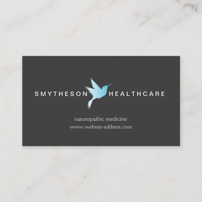 Sky Blue Hummingbird Logo Health & Wellness Gray Business Card (Front)