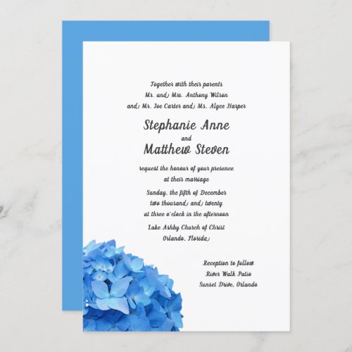 Sky Blue Hydrangea Both Parents Wedding Invitation