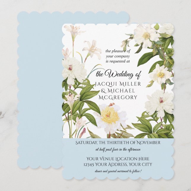 Sky Blue Ivory Rose Peony w Leaf Foliage Wedding Invitation (Front/Back)