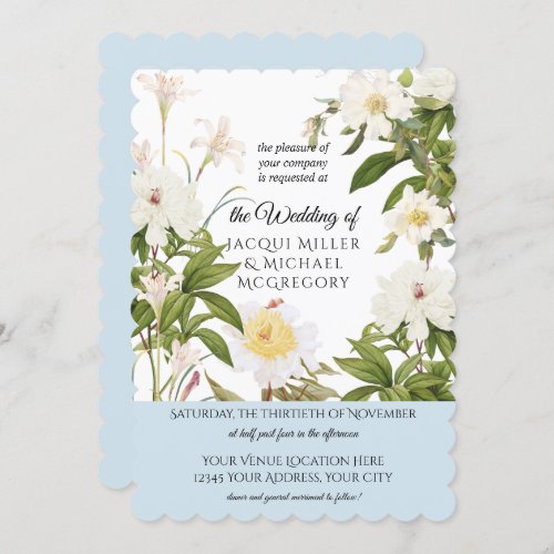 Sky Blue Ivory Rose Peony w Leaf Foliage Wedding Invitation