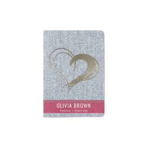 SKY BLUE JEANS PALE GOLD PINK LOVE HEART MONOGRAM PASSPORT HOLDER