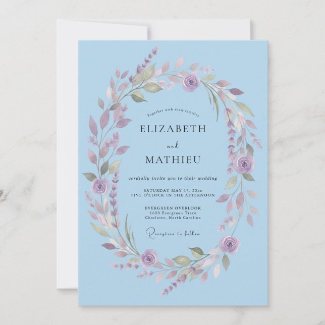 Sky Blue Laurel Romance Wedding Invitation (Front)