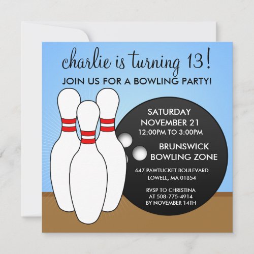 Sky Blue Lets Have a Ball Bowling Party Invitation