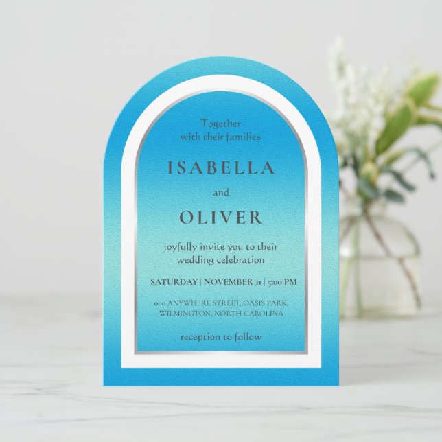 Sky blue light gradient wedding invitation (Standing Front)