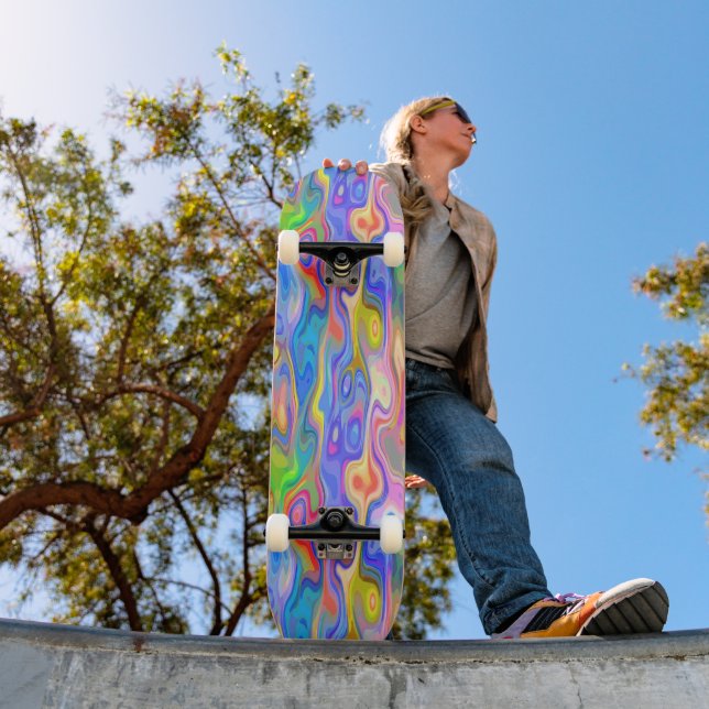 Sky Blue Light Pink Lime Green Purple Wave Art Skateboard (Outdoor 1)