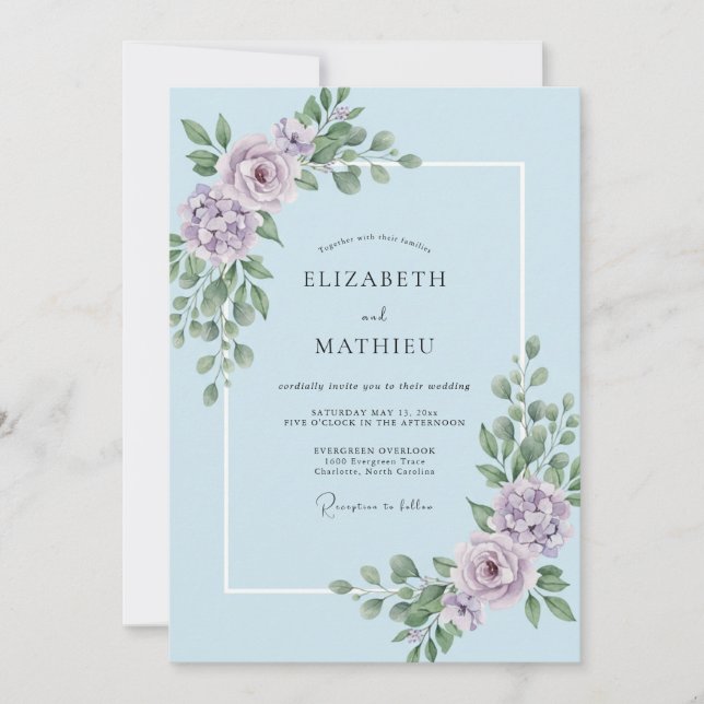 Sky Blue Lilac Leafy Wedding Invitation (Front)