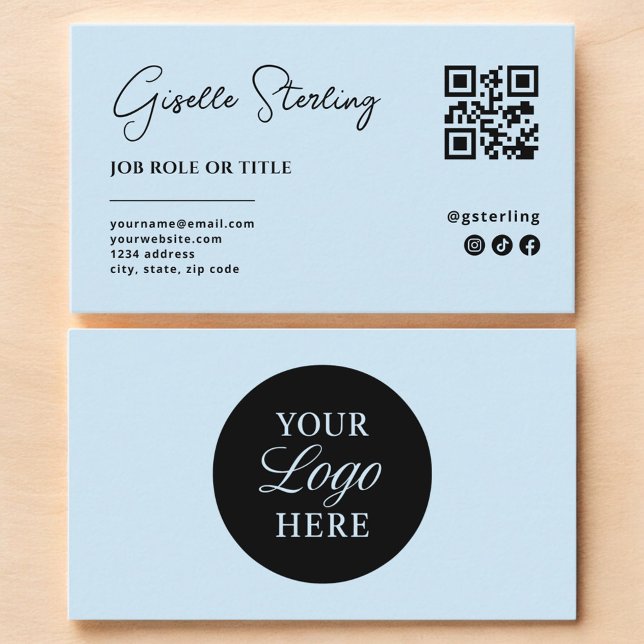 Sky Blue Logo QR Code Minimalist Professional  Business Card (Creator Uploaded)