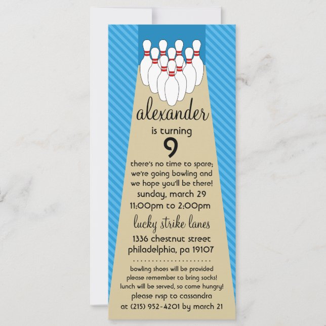 Sky Blue Lucky Strike Bowling Birthday Party Invitation (Front)