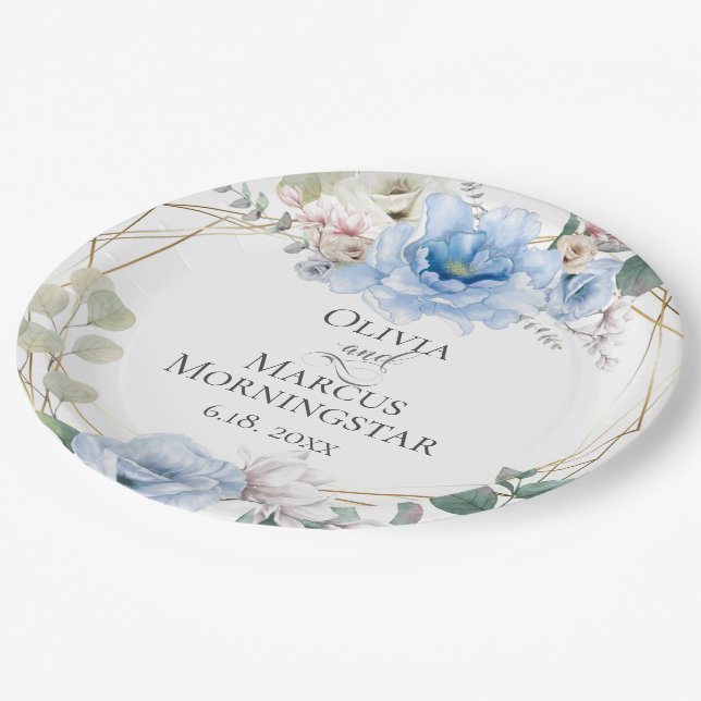 Sky Blue Magnolia and Peony Summer Wedding Paper Plates (Angled)