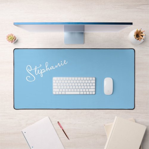 Sky Blue Minimalist Personalized Script Name  Desk Mat