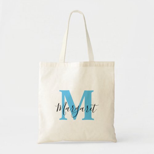 Sky Blue Monogram Black Script Name Tote Bag