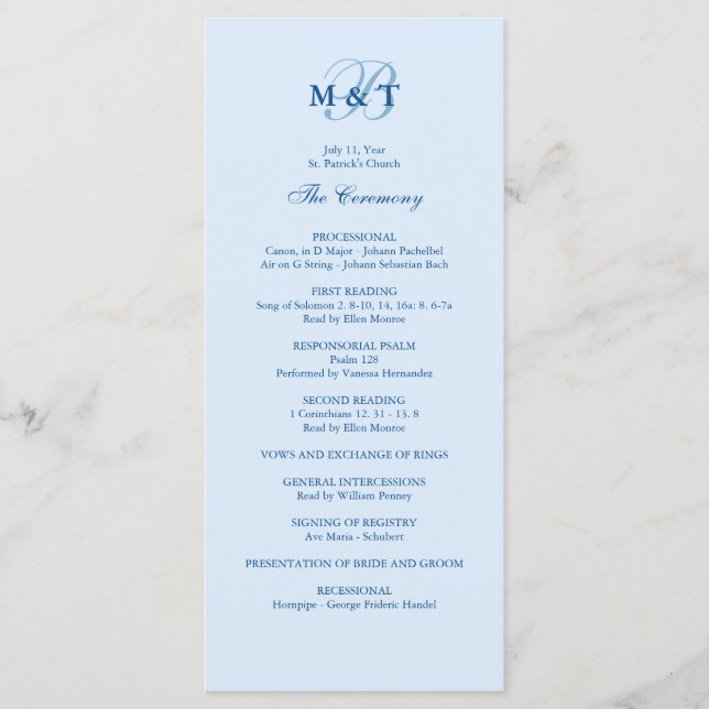 Sky Blue Monogram Wedding Program (Front)