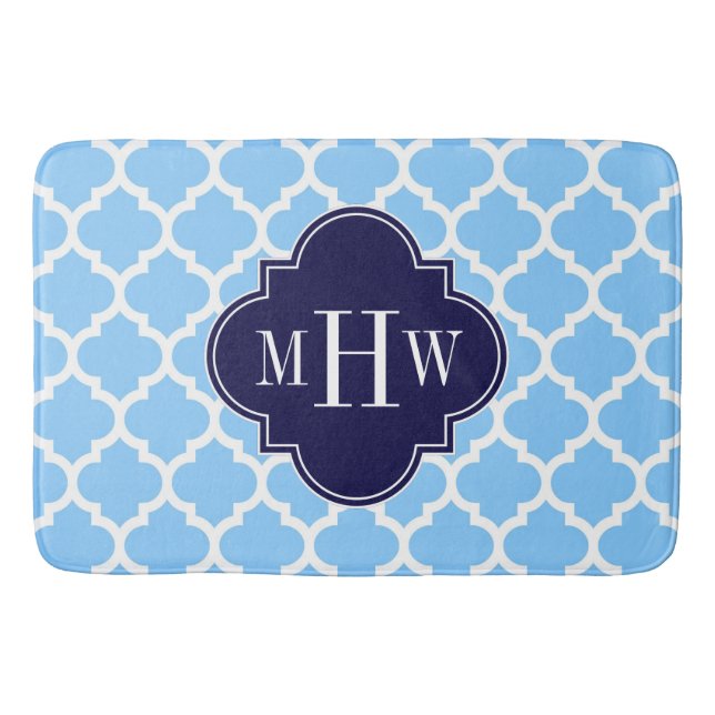 Sky Blue Moroccan #5 Navy Blue 3 Initial Monogram Bathroom Mat (Front)