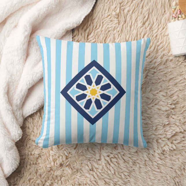 Sky Blue Moroccan Zellige Flower Symbol  Throw Pillow (Blanket)
