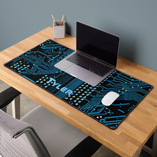 Sky Blue Name Black  Blue Circuit Board Desk Mat