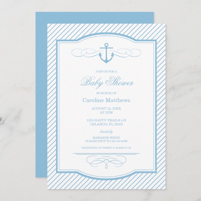 Sky Blue Nautical Anchor and Stripes Baby Shower Invitation (Front/Back)