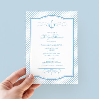 Sky Blue Nautical Anchor and Stripes Baby Shower Invitation