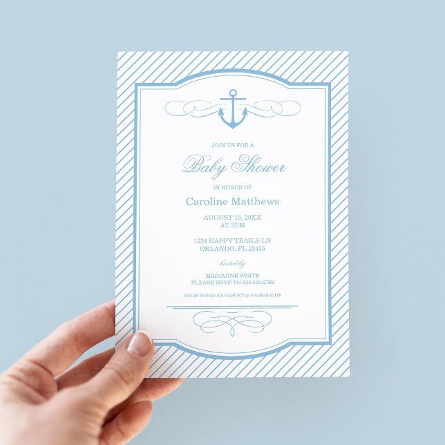 Sky Blue Nautical Anchor and Stripes Baby Shower Invitation (Creator Uploaded)