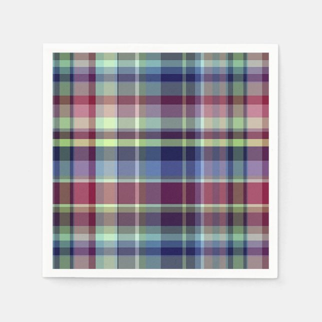 Sky Blue Navy Burgundy Pistach Preppy Madras Plaid Napkins (Front)