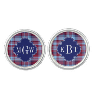 Sky Blue Navy Burgundy Preppy Madras Monogram Cufflinks