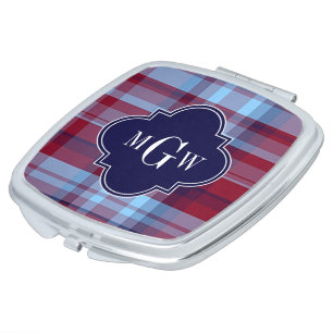 Sky Blue Navy Burgundy Preppy Madras Monogram Makeup Mirror