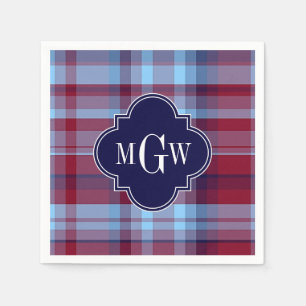 Sky Blue Navy Burgundy Preppy Madras Monogram Paper Napkins