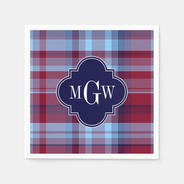 Sky Blue Navy Burgundy Preppy Madras Monogram Paper Napkins (Front)
