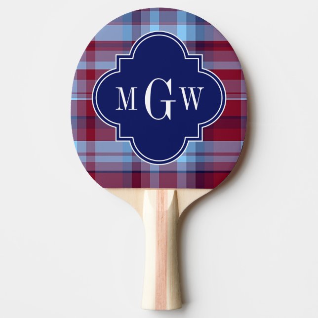 Sky Blue Navy Burgundy Preppy Madras Monogram Ping-Pong Paddle (Front)