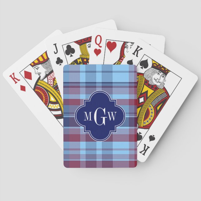 Sky Blue Navy Burgundy Preppy Madras Monogram Poker Cards (Back)
