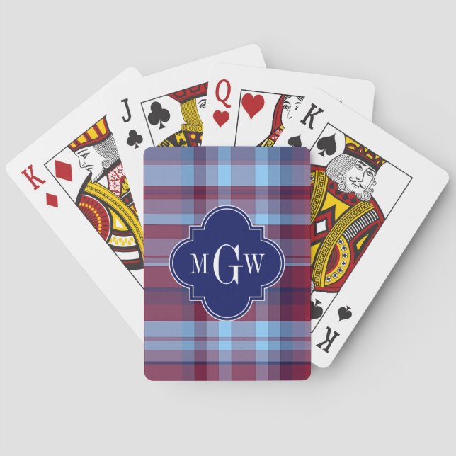 Sky Blue Navy Burgundy Preppy Madras Monogram Poker Cards (Back)
