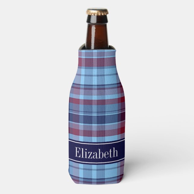 Sky Blue Navy Burgundy Preppy Madras N Monogram Bottle Cooler (Bottle Front)
