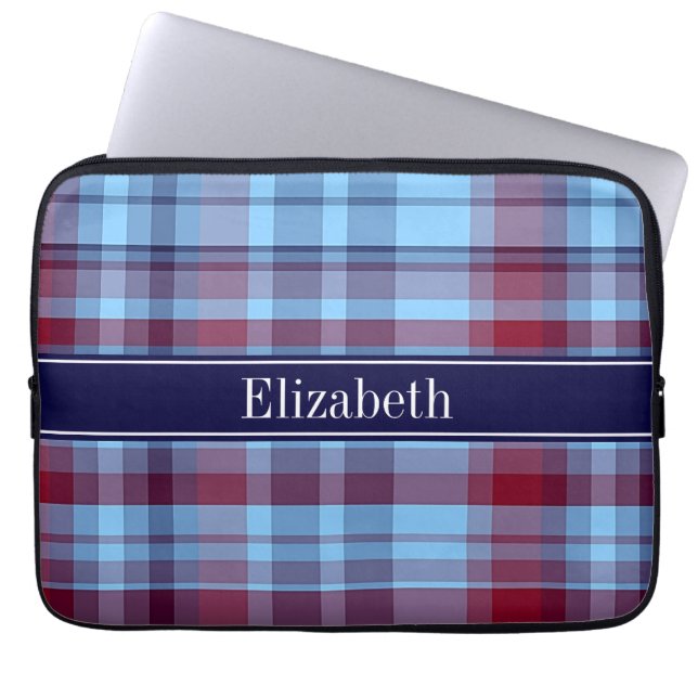 Sky Blue Navy Burgundy Preppy Madras N Monogram Laptop Sleeve (Front)