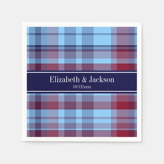 Sky Blue Navy Burgundy Preppy Madras N Monogram Paper Napkins (Front)