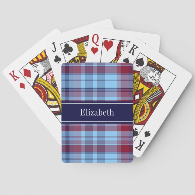 Sky Blue Navy Burgundy Preppy Madras N Monogram Poker Cards (Back)