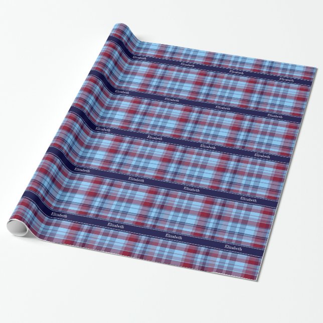 Sky Blue Navy Burgundy Preppy Madras N Monogram Wrapping Paper (Unrolled)